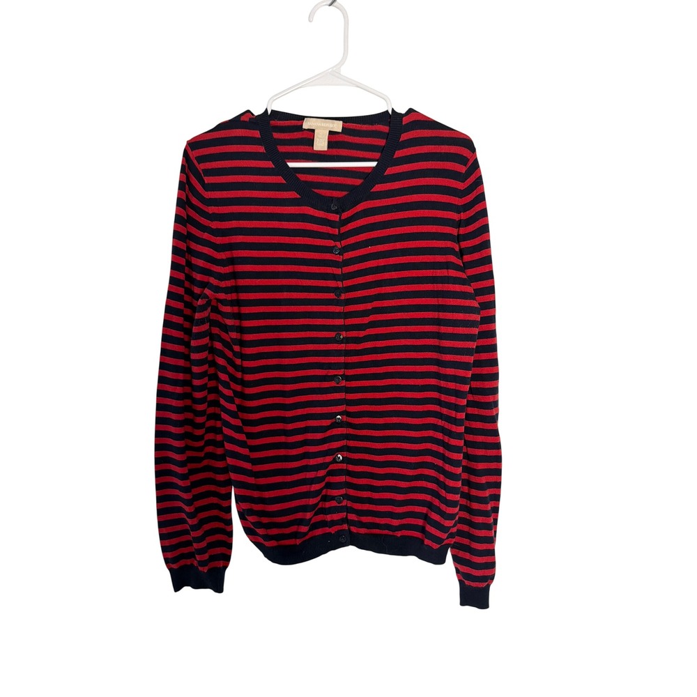 Banana Republic Cardigan XL Womens Red Navy Blue Striped Cotton Wool Blend Knit